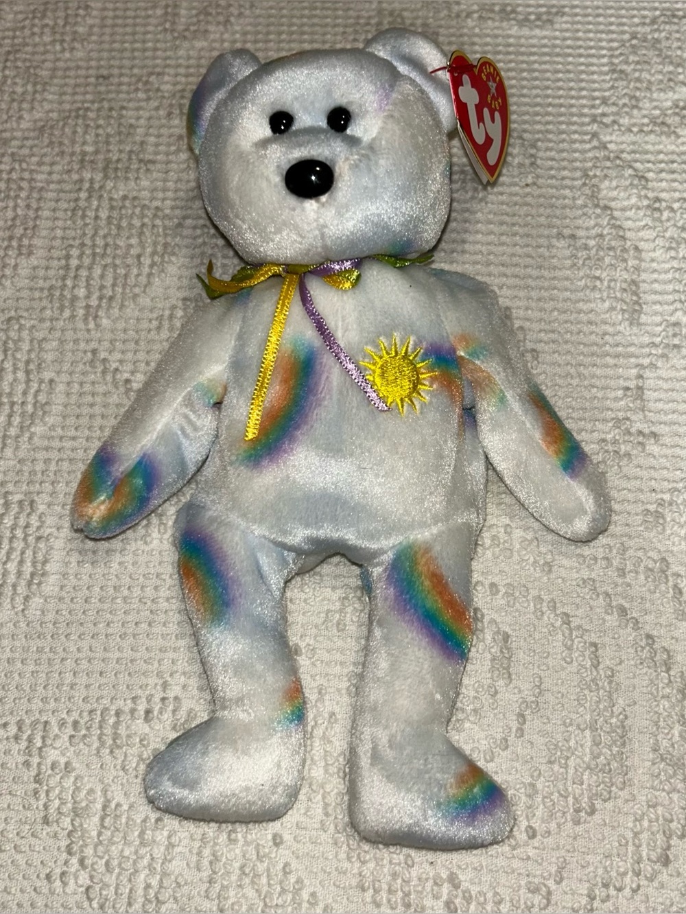 Ty Rainbow Accent White Beanie Baby Bear Cheery Ribbon Vintage Retired